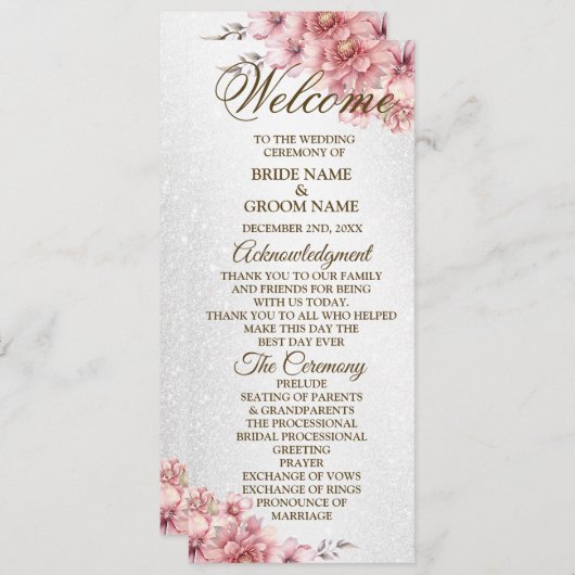 ようこそ結婚パーティーのピンクの水色の花の光沢 プログラム (正面/裏面)