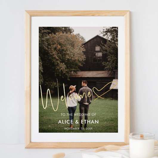 ようこそ署名スクリプトのハート写真 箔ポスター