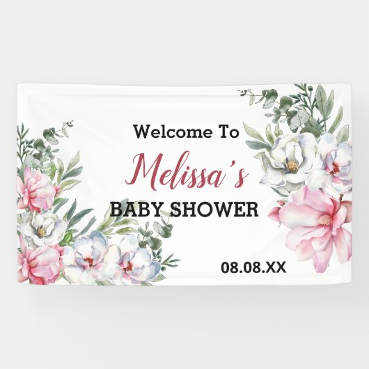 ようこそ背景バナーマグノリアのピンクの白いフローラ 横断幕 (横)