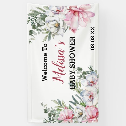 ようこそ背景バナーマグノリアのピンクの白いフローラ 横断幕 (縦)