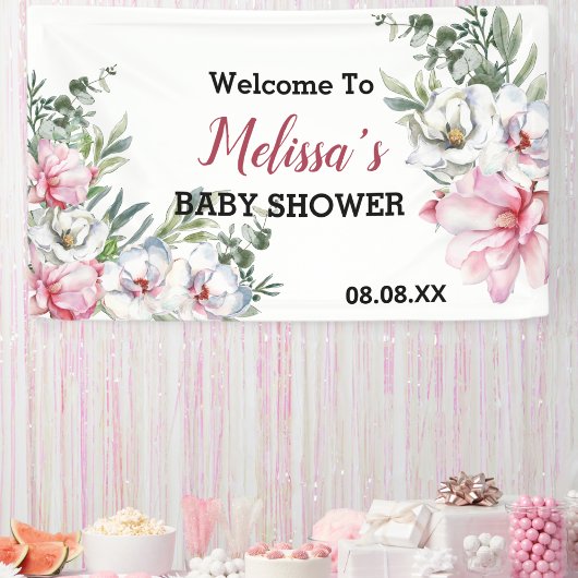 ようこそ背景バナーマグノリアのピンクの白いフローラ 横断幕