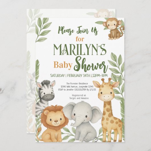 ようこそ赤ちゃんシャワー赤ちゃん動物 招待状 (正面/裏面)