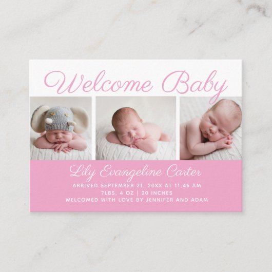 ようこそ赤ちゃん女の子の写真かわいらしピンクの筆記体スクリプト エンクロージャーカード (正面)