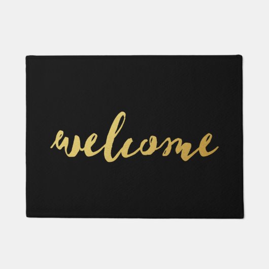 ようこそ金ゴールドと黒の書式 ドアマット (正面)