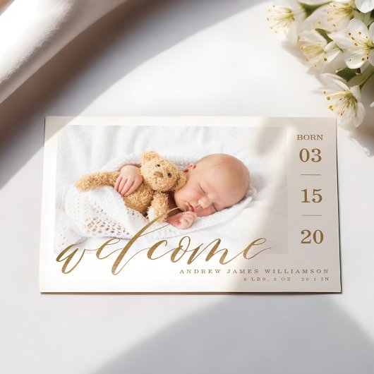 ようこそ金ゴールドスクリプトベビー誕生統計と写真 案内状