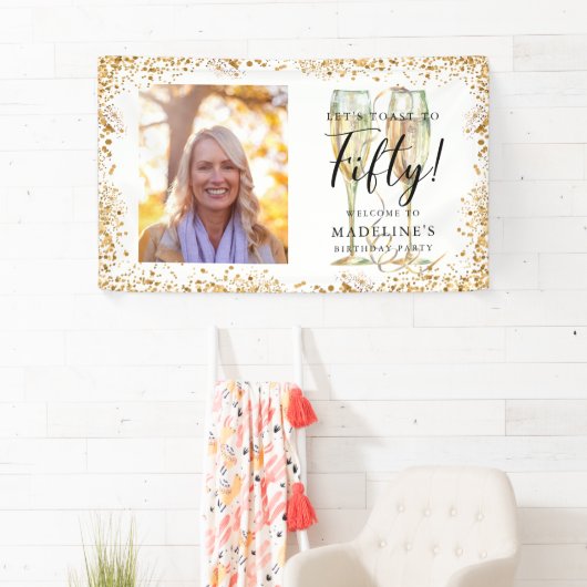 ようこそ金ゴールド50th誕生日フォトバナー 横断幕 (インサイチュ)