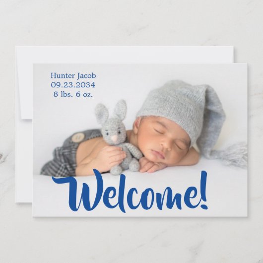 ようこそ青いフォトスクリプトのパーソナライズ男の子誕生 案内状 (正面)