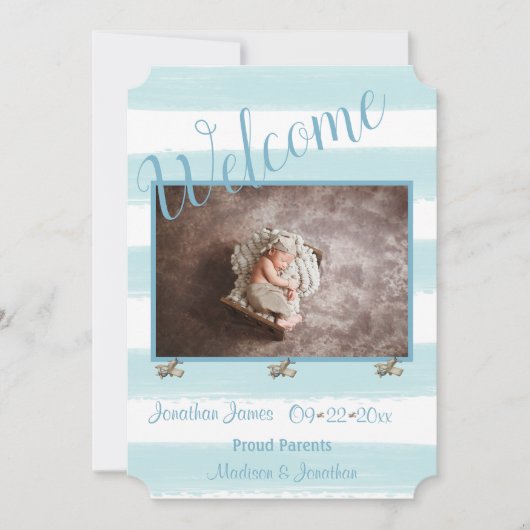 ようこそ青いフォトスクリプトのパーソナライズ男の子誕生 案内状 (正面)