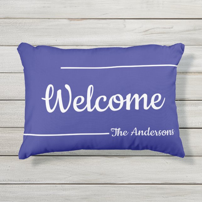 ようこそ青と白のスクリプト名文字テンプレート アウトドアクッション (正面)