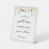 ようこそ靴を取り除いて白い牡丹のサイン 台座サイン (正面)