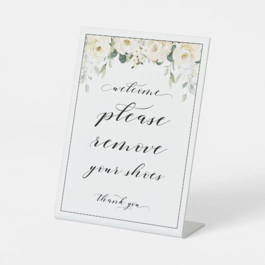 ようこそ靴を取り除いて白い牡丹のサイン 台座サイン (正面)
