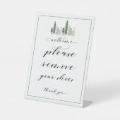 ようこそ靴を取り除きなさいウッドランドサイン 台座サイン (正面)