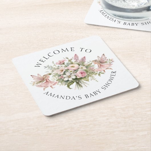 ようこそ魔法の妖精フローラベビーガールシャワー スクエアペーパーコースター (アングル)