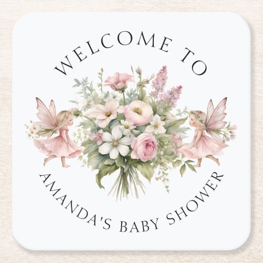 ようこそ魔法の妖精フローラベビーガールシャワー スクエアペーパーコースター (正面)