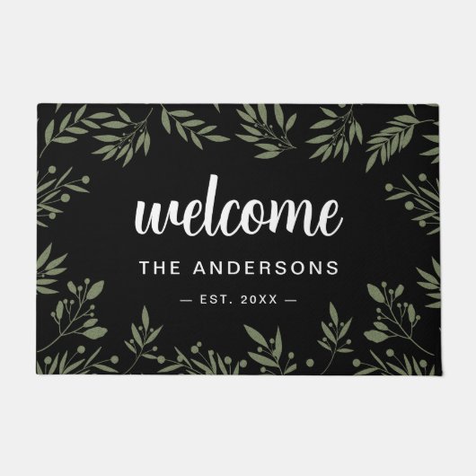 ようこそ黒いエレガント緑のパーソナライズされた葉 ドアマット (正面)