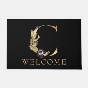 ようこそ黒と金ゴールド秋モノグラムCのDoormat ドアマット