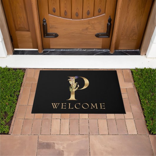 ようこそ黒と金ゴールド秋モノグラムPのDoormat ドアマット (室外)