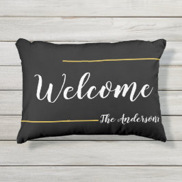 ようこそ黒の金ゴールドと白のスクリプト文字名 アウトドアクッション