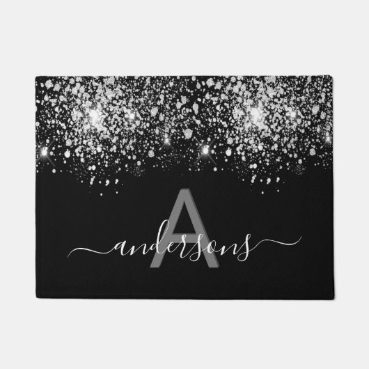 ようこそ黒銀グリッターダストファミリーモノグラム ドアマット (正面)