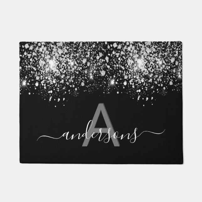 ようこそ黒銀グリッターダストファミリーモノグラム ドアマット (正面)