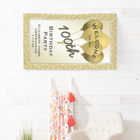 ようこそ100番クール目の数字のパターン-金ゴールド/白 横断幕 (インサイチュ)