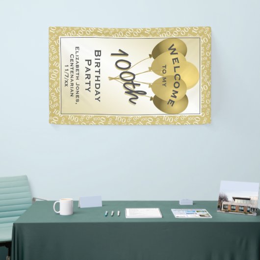 ようこそ100番クール目の数字のパターン-金ゴールド/白 横断幕 (トレードショー)