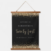 ようこそ21番目の金ゴールドグリッター名ブラック 吊り下げ型タペストリー (正面)