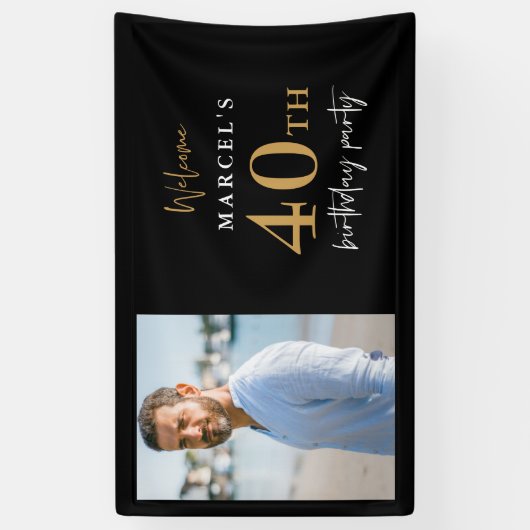 ようこそ40歳の誕生日パーティー写真黒と金ゴールド 横断幕 (縦)