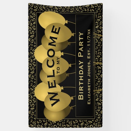 ようこそ45番目の誕生日番号パターン |ブラック/金ゴールド 横断幕 (縦)