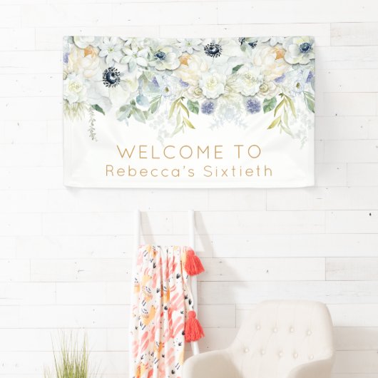 ようこそ60番目の誕生日名ホワイト花模様リーフ 横断幕 (インサイチュ)