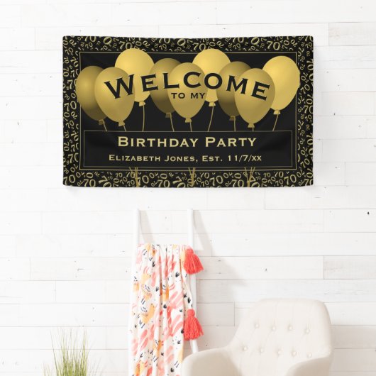 ようこそ70番目の誕生日番号パターン |ブラック/金ゴールド 横断幕 (インサイチュ)