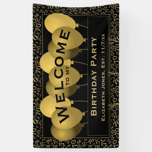 ようこそ70番目の誕生日番号パターン |ブラック/金ゴールド 横断幕 (縦)