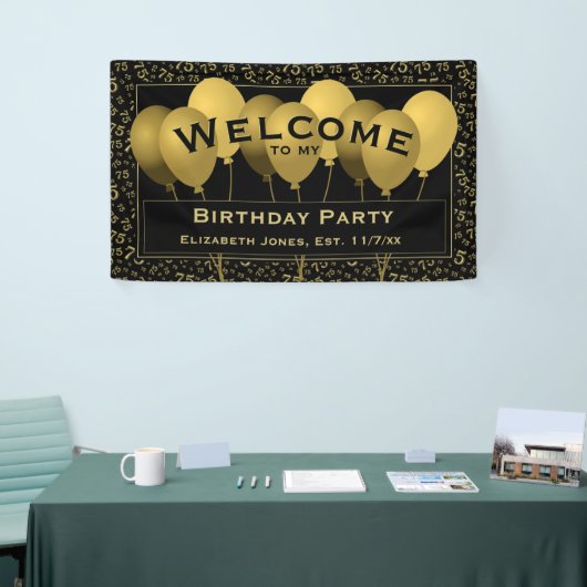ようこそ75番目の誕生日番号パターン |ブラック/金ゴールド 横断幕 (トレードショー)