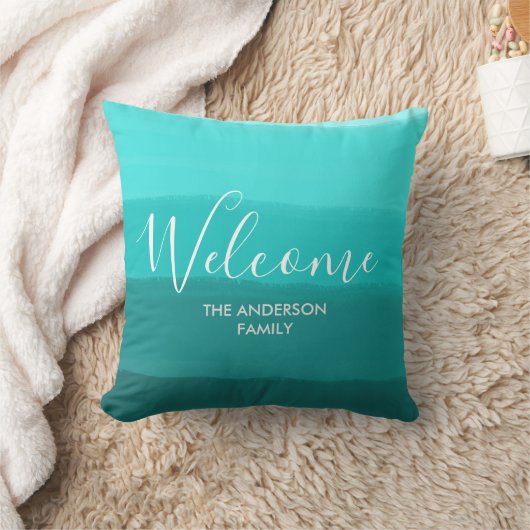 "ようこそ"カスタム名スカイブルーストライプズ クッション (ブランケット)
