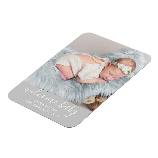 ようこそ、ベビー |灰色の誕生発表写真 マグネット (左側)