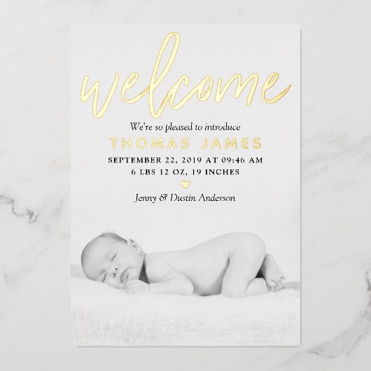 「ようこそ」ホイル実在フォト誕生のお知らせ 箔招待状 (正面)