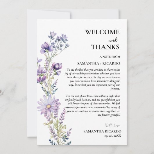 ようこそ&感謝していフローラの結婚ゲストテーブルカード 招待状 (正面)