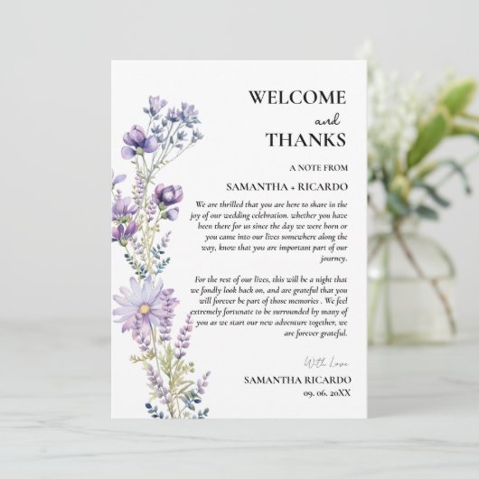 ようこそ&感謝していフローラの結婚ゲストテーブルカード 招待状 (スタンド正面)