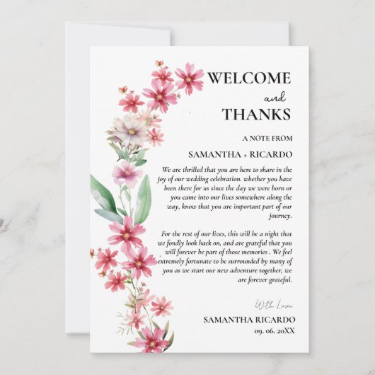 ようこそ&感謝していフローラの結婚ゲストテーブルカード 招待状 (正面)