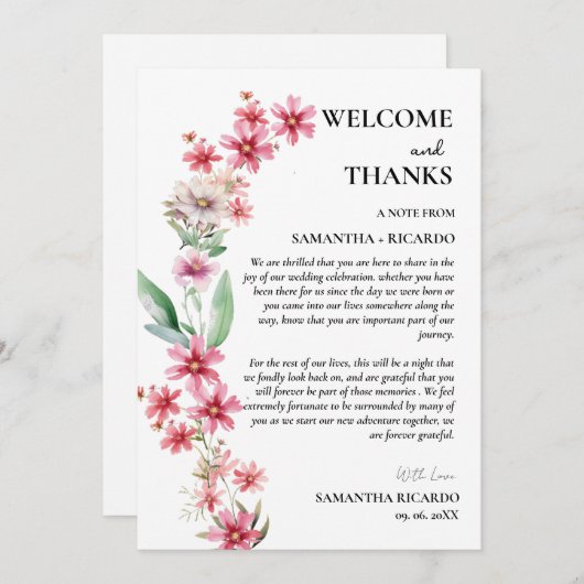 ようこそ&感謝していフローラの結婚ゲストテーブルカード 招待状 (正面/裏面)