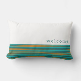 ようこそ |白色ティール（緑がかった色）とオレンジ色ストライプのパターン アウトドアクッション