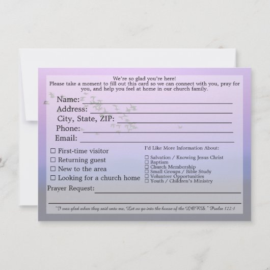 ようこそ 私たちの教会へ 訪問者 パープルサンセット カード (裏面)