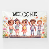 ようこそ；花を持つ子供たち 横断幕 (横)