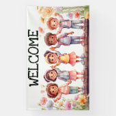 ようこそ；花を持つ子供たち 横断幕 (縦)