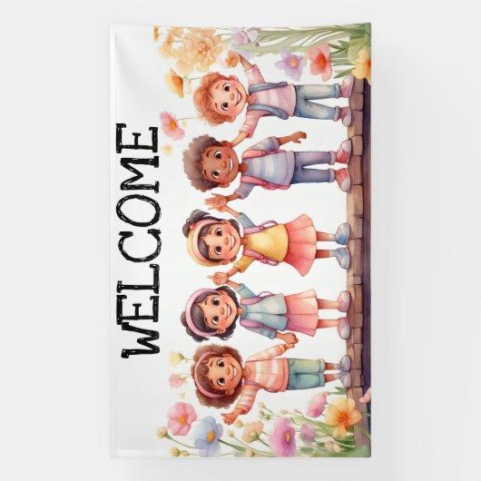 ようこそ；花を持つ子供たち 横断幕 (縦)