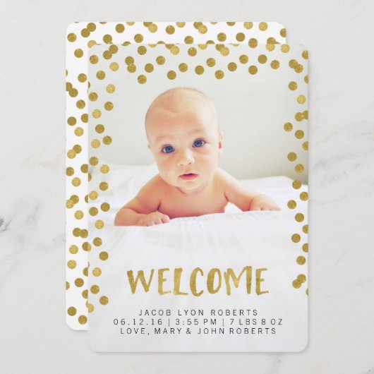 ようこそ | 金ゴールドモダンの出産のお知らせ 案内状 (正面/裏面)