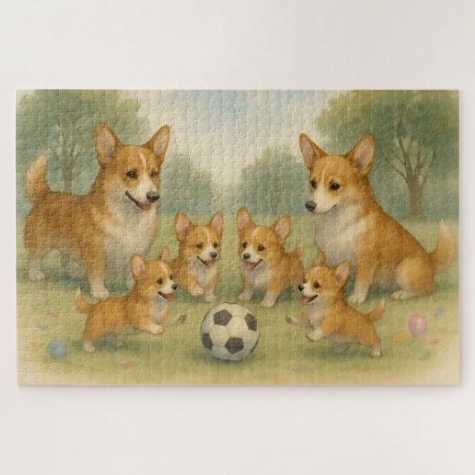 よくはしゃぐおもしろいボンデエレガントィングコルギファミリーサッカー ジグソーパズル (横)