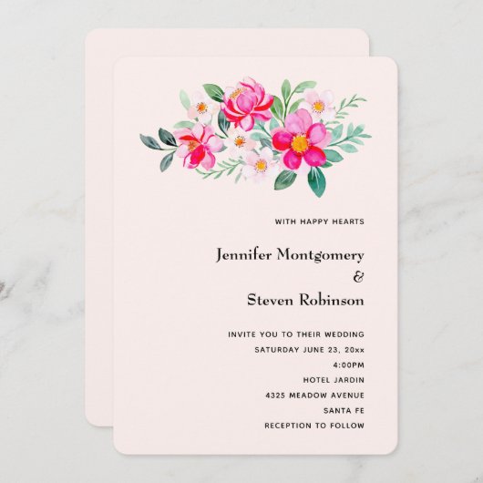 よくはしゃぐかわいらしピンクの花の結婚花束 招待状 (正面/裏面)
