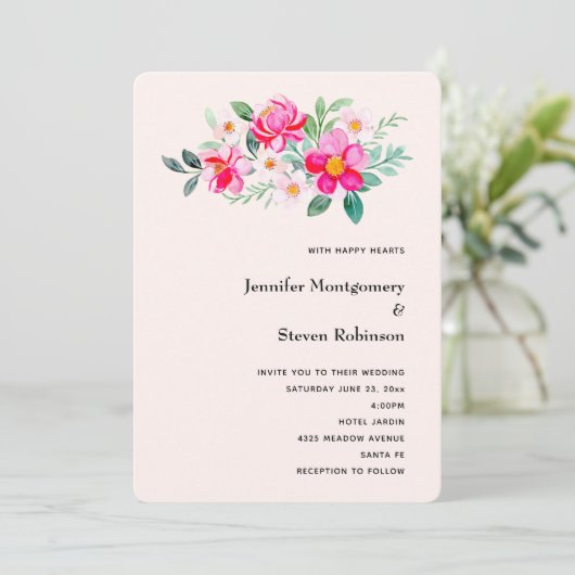 よくはしゃぐかわいらしピンクの花の結婚花束 招待状 (スタンド正面)
