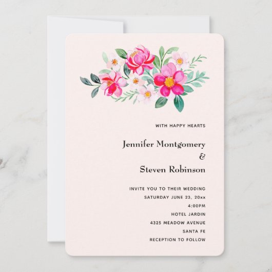 よくはしゃぐかわいらしピンクの花の結婚花束 招待状 (正面)